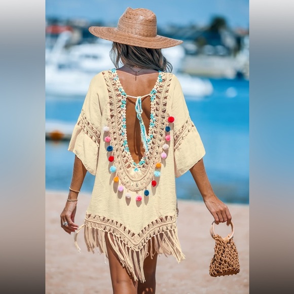 SHEIN Crochet Deep V-Back Tassel Cover Up  Swim Beach Lightweight Bohemian XL - Picture 4 of 9